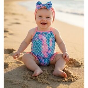 NEW Mermaid Scale 3-6M One Piece Swimsuit &‎ Headband Set Blue Pink